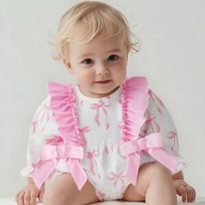 Chic Pink and White Baby Bubble Romper with Bows Love Shack Fancy Print 6-12 Mo